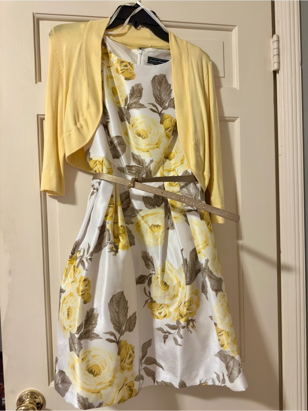 Jessica Howard White Floral Fit-and-Flare Dress with Yellow Bolero